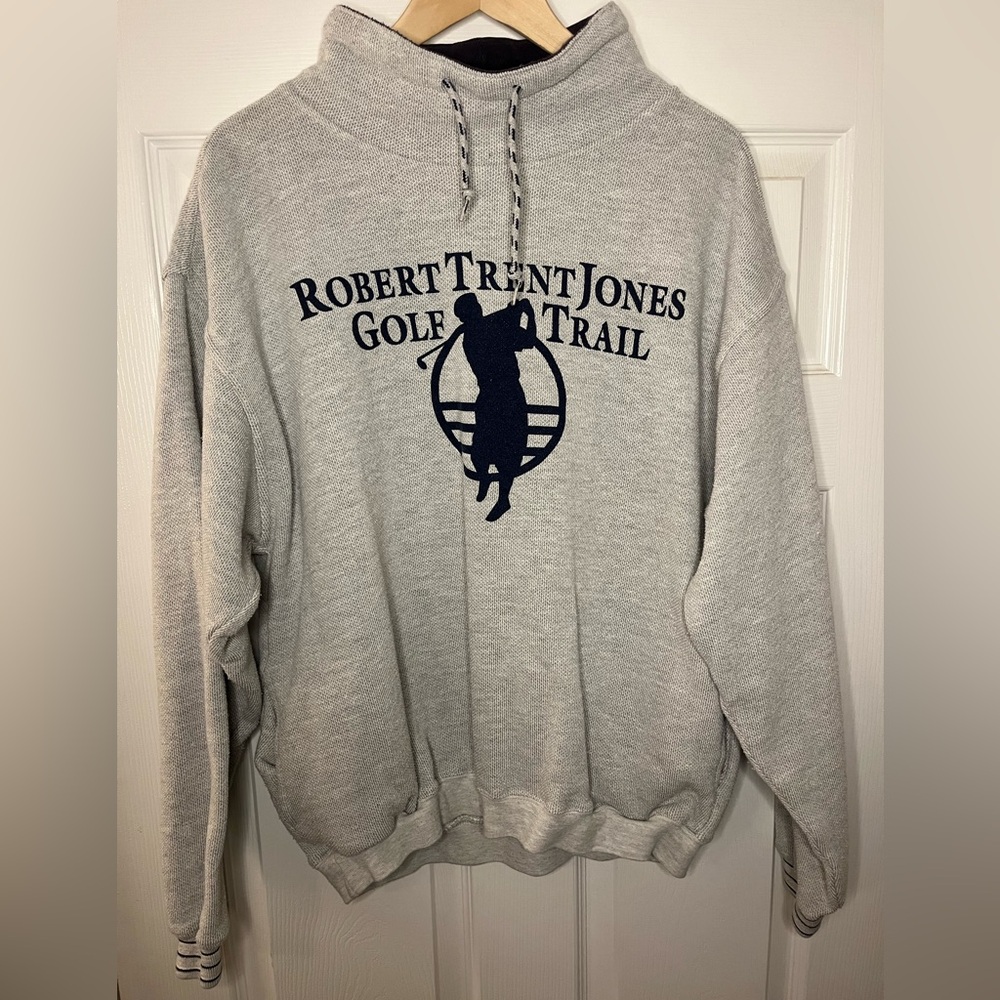 Robert Trent Jones Golf Pullover Mens Large Gray Mock Turtleneck Pockets VTG